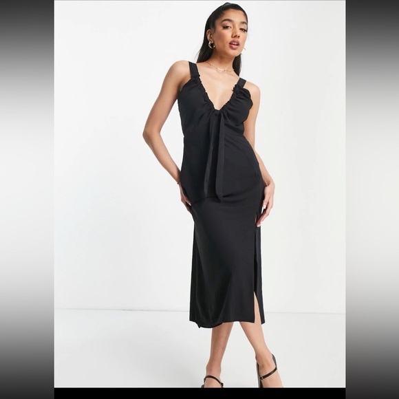 Abercrombie & Fitch Cinched V Neck Slip Midi Dress Women Xs Black Side Slit - Picture 1 of 10